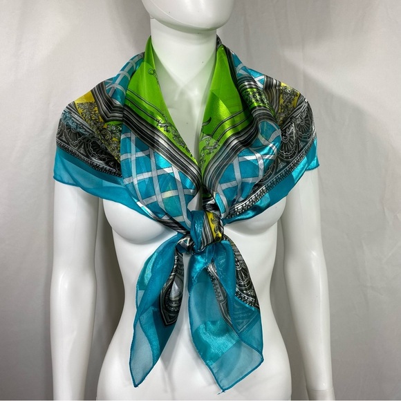 Space Age Cyan, Gold & Green Satiny & Sheer Scarf - Picture 3 of 6